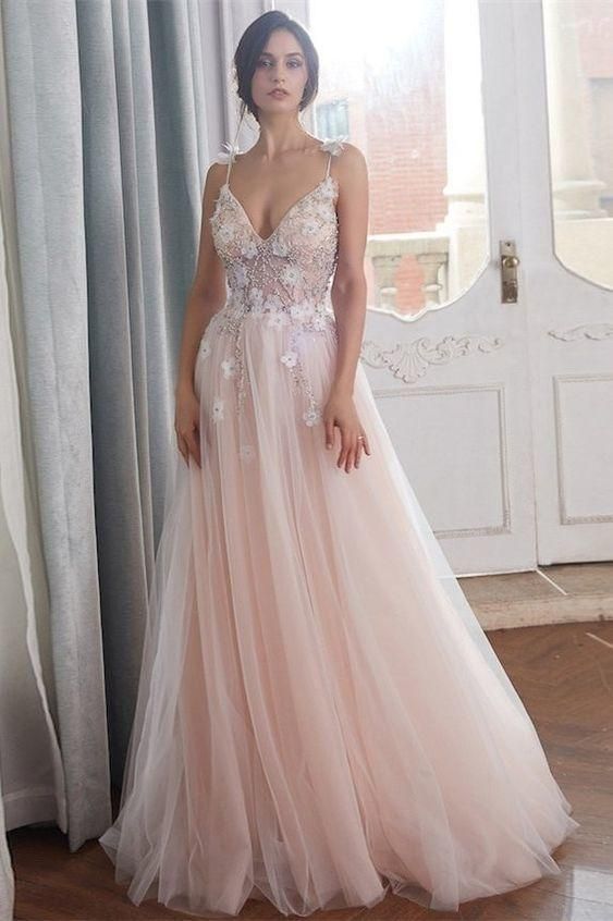 Sheer V-neckline Lace Blush Pink Wedding Dress Tulle Skirt