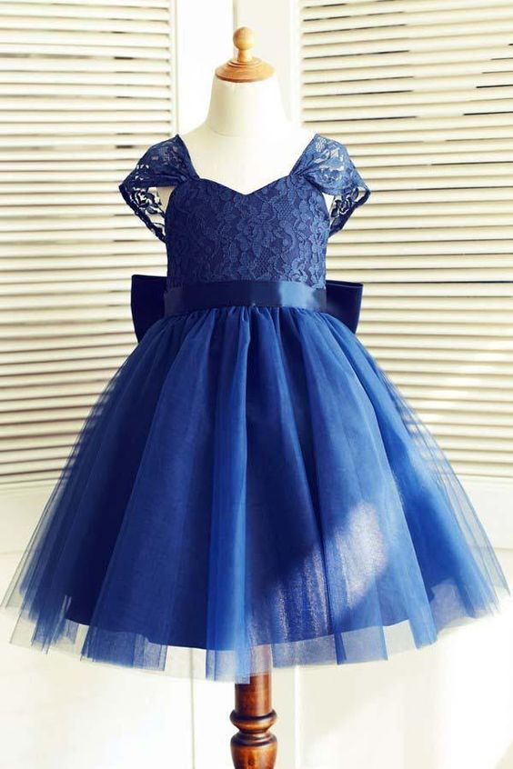 Cute Navy Blue Flower Girl Dress with Bow at Back – misaislestyle