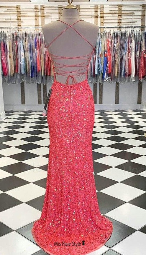 Sexy Slit Fitted Coral Sparkle Pageant Dress misaislestyle Sexy Slit Fitted Coral Sparkle Pageant Dress misaislestyle