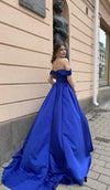 off shoulder sleeve royal blue pageant dress