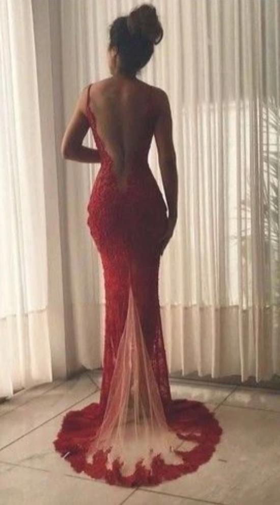 Off-shoulder Red Lace & Tulle Mermaid Prom Dress - Xdressy