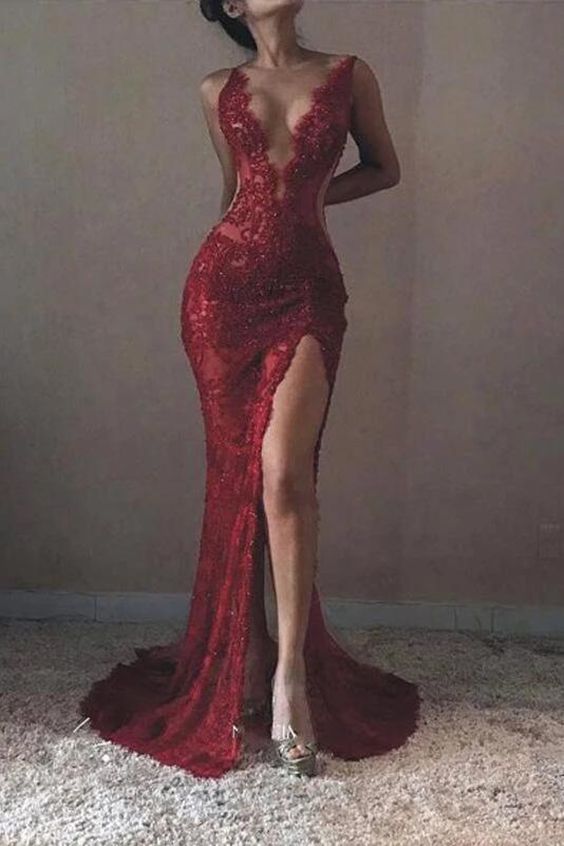 Sheath Deep V-neckline Wine Red Lace Prom Dress – misaislestyle