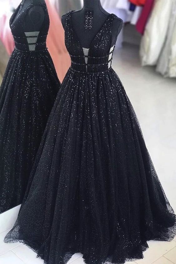Black Off the Shoulder Beaded Long Formal Dress, Black Shiny Sequins E