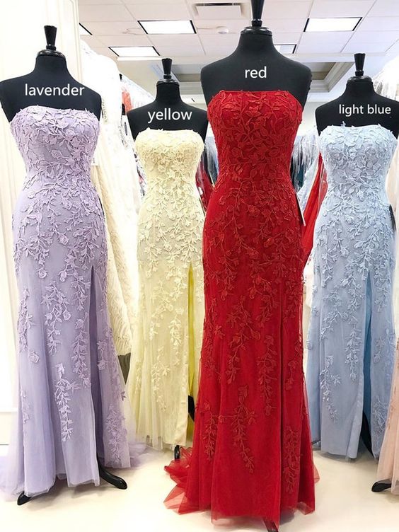 Strapless Fitted Slit Lace Prom Dress
