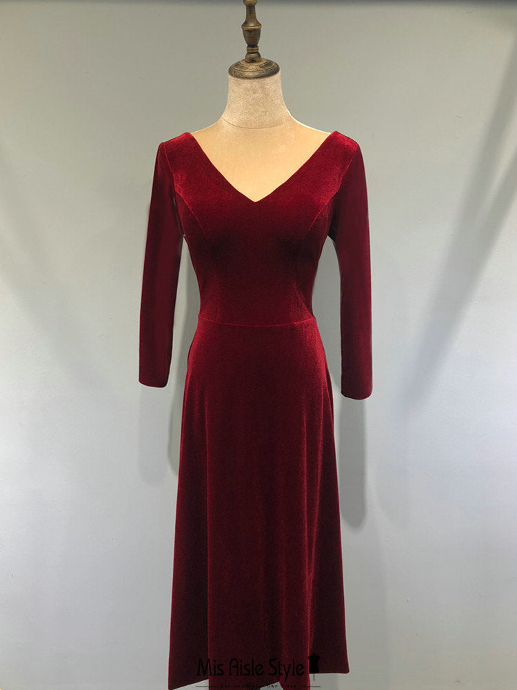Fit and Flare Long Sleeve Deep Red Velvet Party Dress