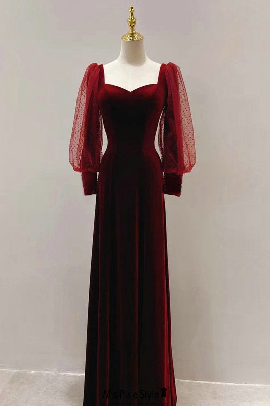 Fit and Flare Long Sleeve Deep Red Velvet Party Dress