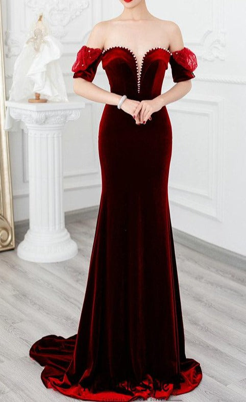 Fit and Flare Long Sleeve Deep Red Velvet Party Dress