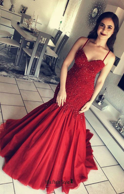 mermaid dark red prom dress