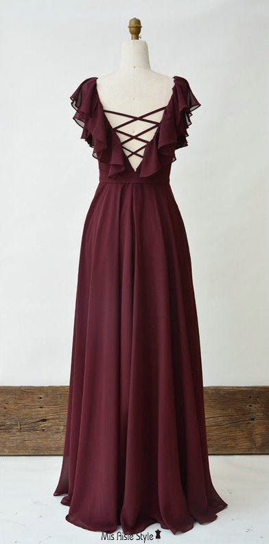 Modest Criss Cross Back Burgundy Bridesmaid Dress – misaislestyle