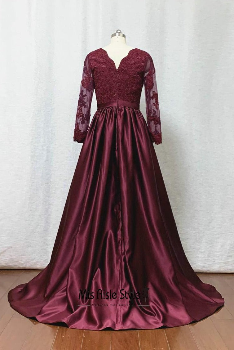 Modest A line Long Sleeves Burgundy Evening Dress – misaislestyle