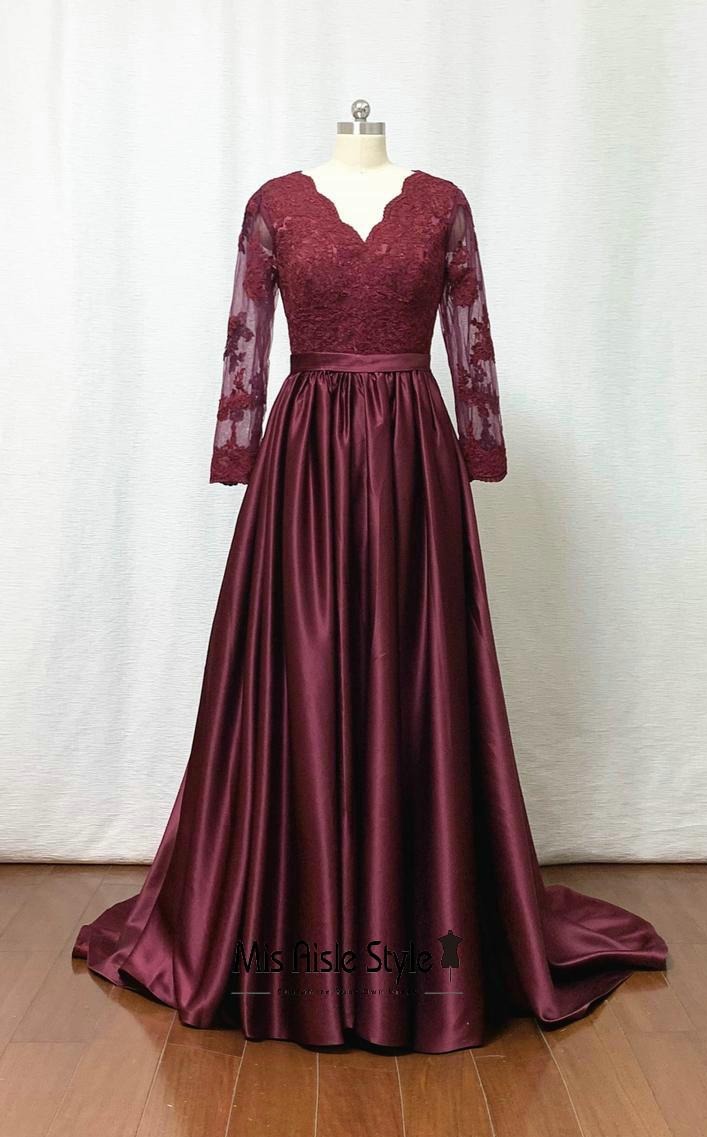 Modest A line Long Sleeves Burgundy Evening Dress misaislestyle Modest A line Long Sleeves Burgundy Evening Dress misaislestyle