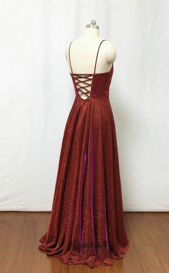 Sexy Slit Burgundy Sparkle Prom Dress misaislestyle Sexy Slit Burgundy Sparkle Prom Dress misaislestyle
