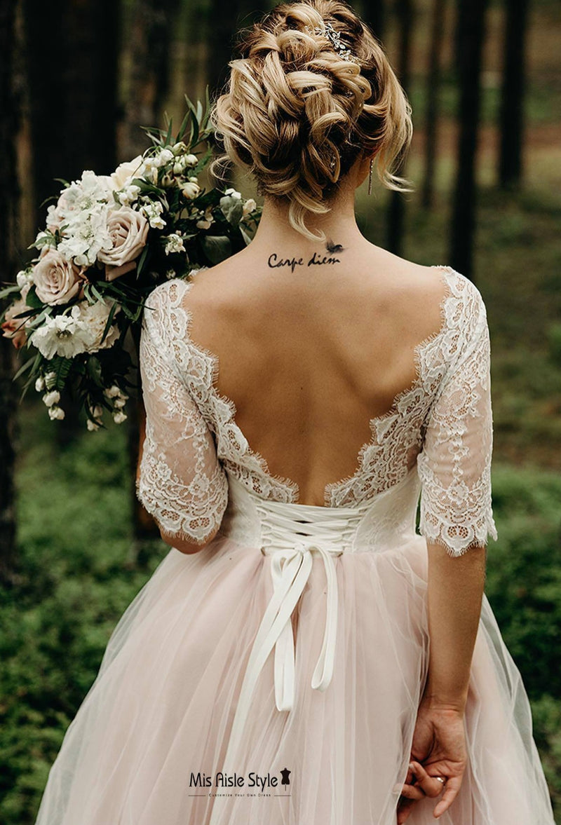 sexy back blush pink wedding dress