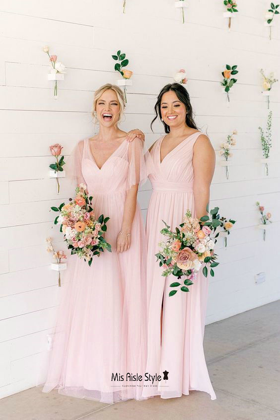 Pink bridesmaid dresses.