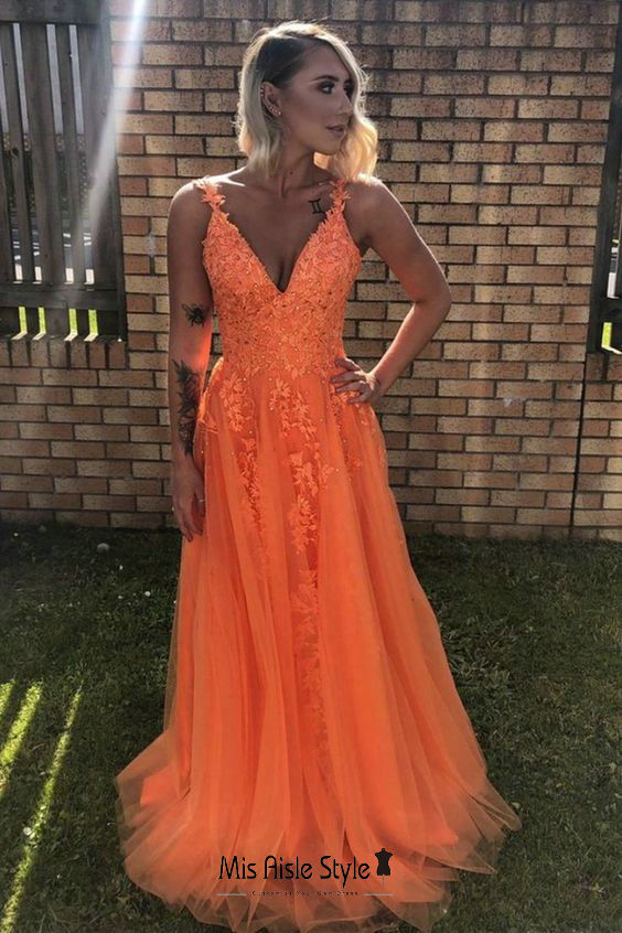 Stunning Orange A-Line V-Neck Long Tulle Appliques Prom Dress PSK434 –  Pgmdress