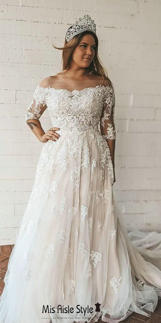 Off Shoulder Long Sleeve Lace Plus Size Wedding Dress – misaislestyle