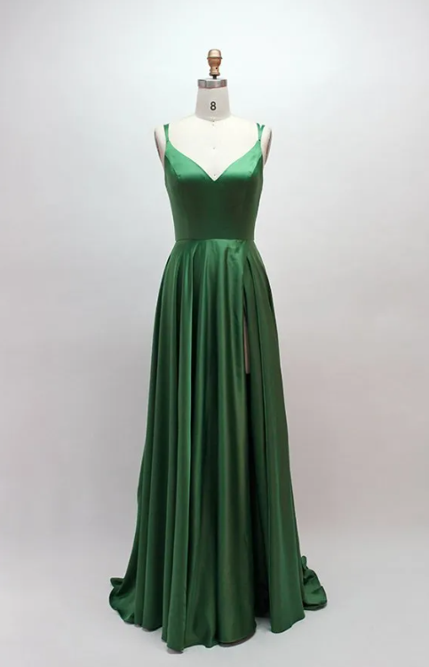 Sexy Slit Green Soft Satin Party Dress misaislestyle Sexy Slit Green Soft Satin Party Dress misaislestyle