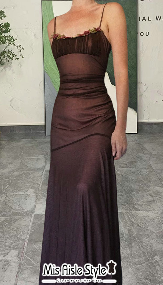 Vintage Square Neckline Coffee Mesh Prom Dress misaislestyle Vintage Square Neckline Coffee Mesh Prom Dress misaislestyle